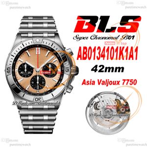BLS Chronomat B01 ETA A7750 Cronógrafo Automático Mens Watch 42 Mostrador Rosa Aço Inoxidável Rouleaux Bracele AB0134101K1A1 Super Edition Reloj Hombre Puretime B2