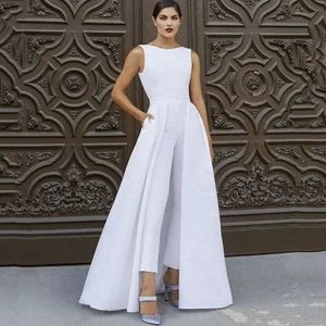 Two Piece Suit Boat Neck Sleeveless Soft Satin Wedding Jumpsuit With Pockets For Women Bride Party Gown Vestido De Noiva