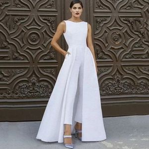 Zwei Stück Anzug Boot-ausschnitt Ärmellose Weiche Satin Hochzeit Overall Mit Taschen Für Frauen Braut Party Kleid Vestido De Noiva