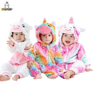 Rompers Michley Halloween Rainbow Unicorn Baby Winter Clothes Cartoon Flanell Costume Soft bodysuits Sammantaget Bebe för 2 36m 231201