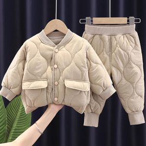 Clothing Sets Autumn and Winter Girls Twopiece Suit Cotton Jacket Pants Childrens Plus Velvet 14Y Boys Trendy 231201