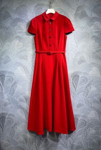 2024 Spring Pure Color Belted Buttons Dress Red Short Sleeve Lapel Neck Knee-Length Casual Dresses T3N291507