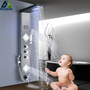 Badezimmer-Duschköpfe, LED-Licht, Wasserfall, Regenpaneel, Badewannen-Wasserhahn-Säulensystem, 3 Griffe, 6 Funktionsmischer mit Bidet-Sprayer 231130