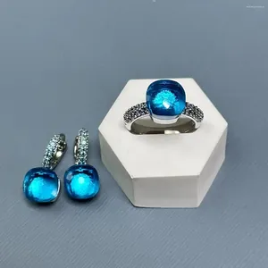 Halskette Ohrringe Set 10,6 mm Nudo Ring Inlay Blauer Topas Zirkon Schmuck Candy Farbe Kristall Mode Geschenk