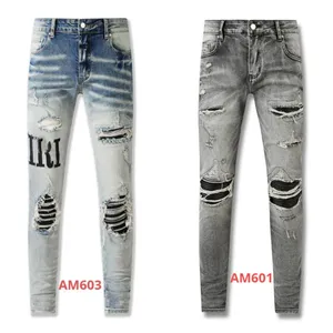 Mäns jeans broderade jeans American High Street Blue Jeans Blue rippade nödställda amerikansk gul färg nödställda oroliga mäns jeans