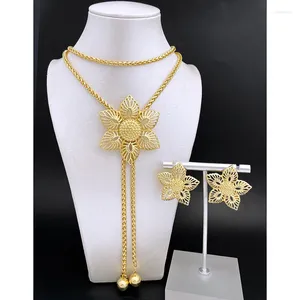 Necklace Earrings Set Dubai Gold Color Jewelry For Women Long Chain Hollow Out Big Pendant Wedding Party Gift