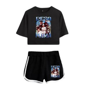 Singer Peso Pluma Merch Zweiteiliges Set Damen-Cropped-Top + Shorts Kurzarm-Nabel-T-Shirts Damenanzug