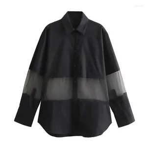 Camicette da donna Camicie impiombate in organza da donna Camicia oversize nera da donna con risvolto abbottonato e manica lunga