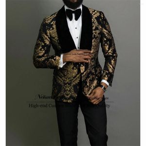 Herrdräkter mode gyllene jacquard manliga prom blazers sjal lapel män 2 stycken uppsättningar brudgummen bröllop tuxedos smal fit terno masculino