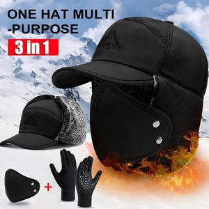 Trapper Hats Men Winter Caps with Mask Earmuffs Thermal Warm Faux Fur Bomber Hats Ear Flap Face Mouth Cover Windproof Cycling Ski Thicken Cap 231201