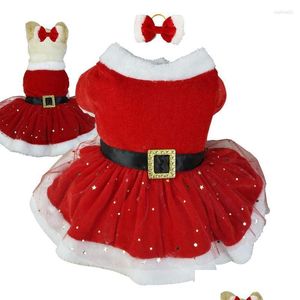 犬アパレルペットクリスマス衣装光沢のあるネットサンタクロースコスチュームかわいい女の子の服レッドドレス猫ホリデードロップデリバリーホームガーDHPC5