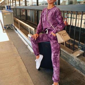 Kvinnors tvåbitar byxor Tracksuit Women Clothes Set och Top Fashion Purple Tie-Dye Long Sleeve Autumn Lounge Home Wear Matching Set