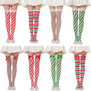 Women Socks Cute Japanese White Red Green Striped Overknee Cosplay Anime Women's Long Tube Thigh High Stocking Christmas