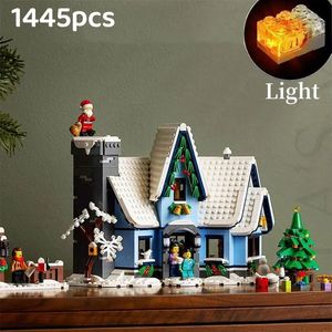 Julleksakstillbehör Santa Claus Christmas Winter Village landskap med lätta byggstenar Bricks MOC 10275 Snow House Model Kid Assembly Toy Gift 231130