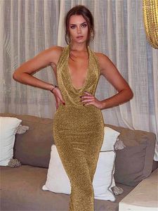 Casual Dresses Habbris Summer Sexy Solid Halter Backless Bodycon Maxi Club Outfit For Women 2023 Party Long Dress Female Gold