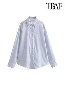 Blusas femininas moda feminina oversized listrado frisado camisas vintage manga longa botão frontal feminino blusas chiques