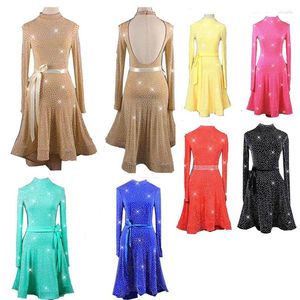 Scene Wear Lady Latin Dance Dresses Costume Performance Competition Dress Rhinestone Crystal Green Pink Yellow Brown Black Qyw02