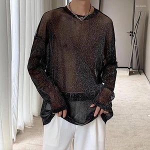 Men's T Shirts Summer O-neck See-through Long-sleeved T-shirt Men Loose Sexy Sun Protection Tops T-shirts Male Clothes