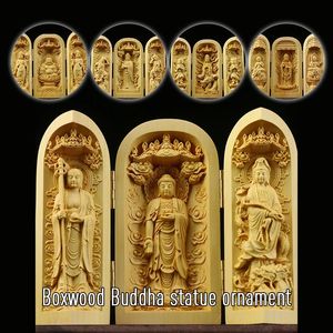 Dekoratif Nesneler Figürinler Tibet Budizmi Boxwood Kwan-yin Shakyamuni Guanyin 3 Tanrı Buda Heykel Kutusu Katlanır Buda Heykel Kutusu Ev Tapınak Süsleme 231130