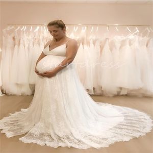 Fairy Maternity Boho Wedding Dress 2024 Sexiga spaghettiremmar Laceful plus storlek Bohemiska bröllopsklänningar för brud rygglöst sveptåg Tulle Country Civil Mariage