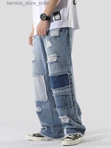 Herrbyxor Fyra säsonger herr jeans streetwear lapptäcke broderade fransar hip hop lossa denim byxor överdimensionerade färgblock lapptäcke q231201