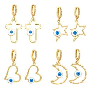 Baumelnde Ohrringe FLOLA Pave Blue Eye Cross für Frauen CZ Kristall Creolen Mond Stern vergoldet Schmuck Geschenke Ersr97