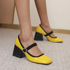 Elbise ayakkabıları siyah sarı kontrast renkli renk mor yeşil turuncu kapalı ayak parmağı kadın pompalar bahar retro Mary Janes tıknaz topuklu büyük boy 48
