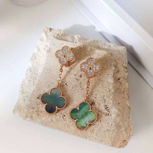 Clover S925 Sterling Silver Four Leaf Grass Full Diamond Natural Grey Fritillaria Two Flower Earrings Light Luxury Double