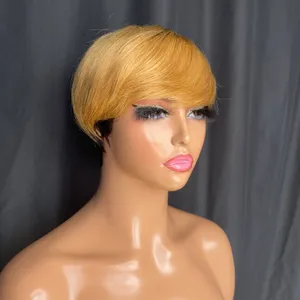 Malaysian Brazilian Peruvian Indian 100% Vrigin Raw Remy Human Hair 1b/27 Pixie Curly Short No Lace Regular Bang Wig