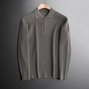 Men's Sweaters Autumn Thick Warm Knitted Pullover Solid Long Sleeve Turtleneck Half Zip Light Business Vertical Stripe Polo