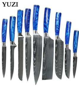 Набор кухонных ножей, синяя ручка из смолы, нож шеф-повара, лазерный дамасский узор, японский нож из нержавеющей стали Santoku, инструменты для нарезки 6962235
