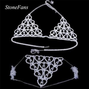 StoneFans Women Sexy Heart Rhinestone Bra Body Chest Chain Accessories Crystal Body Jewelry transparent Thong Panties Underwear T2289J