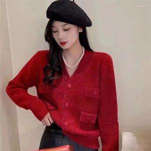 Kobiety damskie 2023 jesień zima kobiety v szyja Bling czerwony beżowy fioletowy imbirowy dzianinowy sweter swetra eleganckie dzianinowe swetry