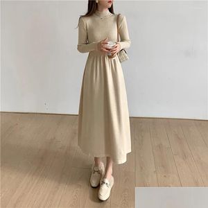 Abiti casual di base Maglione lavorato a maglia per le donne Abbigliamento da festa Mezzo dolcevita Autunno Inverno 2023 Abito longuette A-Line Vintage sciolto caldo Dhoyp