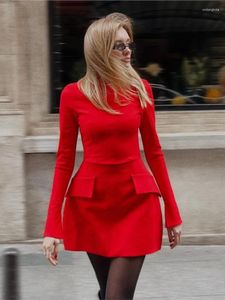 Casual Dresses Chic Red Women Pockets Mini Dress Elegant Turtleneck Long Sleeve Slim Commuting 2023 Lady Solid Bodycon A-line Robe