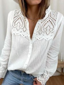 Women's Blouses White Lace Patchwork Shirt Top Women Spring Autumn Fashion Hollow Out Long Sleeve Shirts For 2024 Casual Cotton Tops Femme
