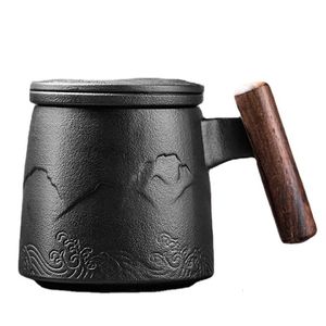 Garrafas de água Lindas Canecas de Chá Cerâmica Vintage Copo de Café Cerveja Caneca Grande com Tampa Infusora Alça de Madeira Talheres Presentes Personalizados 231130