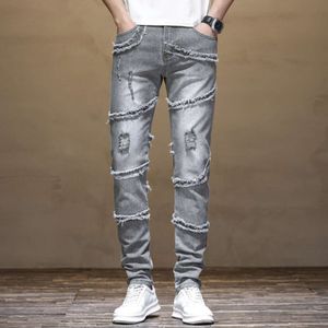 Hip hop jeans masculino angustiado magro luz cinza retalhos desgastado streetwear s roupas denim calças estilo punk