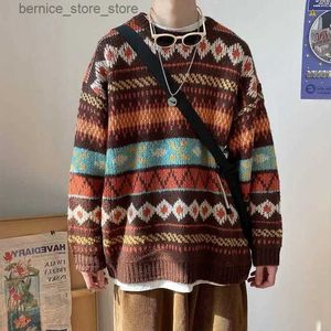 メンズセーターHouzhou Men's Knitteヴィンテージグラフィックセーターパターンブラウンブループルオーバーセーターとジャンパー韓国ストリートウェアHarajuku Q231201