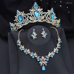 Halsband örhängen set baby blå kristall vatten droppe brud lyx tiaras krona bröllop dubai smycken rosa