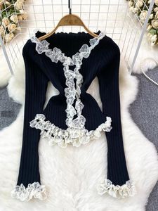 Women's Blouses Autumn Black/Brown/White Lace Patchwrok Knitted Cardigans Women Sexy V-Neck Long Sleeve Slim Tops Female Blouse Blusas