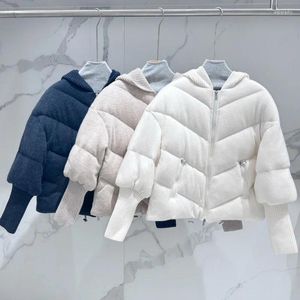 Women's Trench Coats Pure Wool Spliced White Duck Down Jacket Women Hooded Light Warm Bread Coat