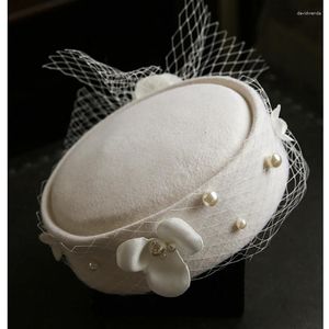 Berets Vintage Pearl Veil Pillbox Шляпы шерсть французские женщины Зимние войлочные свадебные свадебные очарование Fedoras pareau