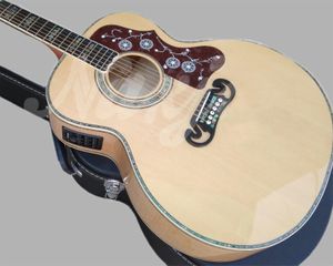자연스러운 솔리드 스프루스 탑 J200 어쿠스틱 기타 43 인치 실제 전복 불꽃 메이플 뒤로 뒷면과 측면 점보 바디 기타라