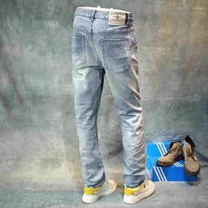 Jeans masculinos estilo italiano moda homens de alta qualidade retro luz azul estiramento fino ajuste rasgado vintage designer denim calças