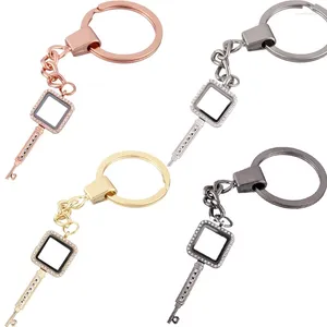 Keychains 4PCS 4colors Choose Rhinestone Square Key Glass Floating Locket Keychain Ring Pendants Fit Charms