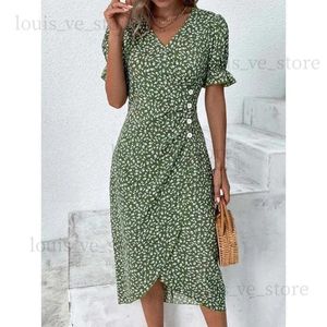 Vestidos sexy urbanos elegante floral plissado em forma de h midi vestido feminino v pescoço manga bufante cintura ruched botão vestidos mulheres vestido de verão robe t231202