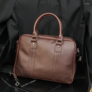Briefcases Leather Laptop Bag Men Brand Brown Business Briefcase For Folder A4 Documents Shoulder Bags Husband Travel Totes