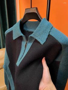 Herrtröjor avancerad designfärgblockering tröja män halvt dragkedja lapel 2023 Autumn/vinter avslappnad trend personlig stickad tröja