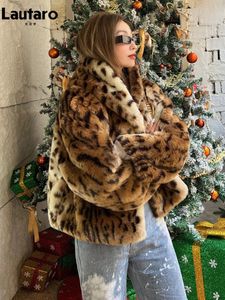 Women s Fur Faux Lautaro Winter Short Thick Warm Leopard Print Coat Women with Hood Raglan Long Sleeve Girl Loose Soft Fluffy Jacket 231202